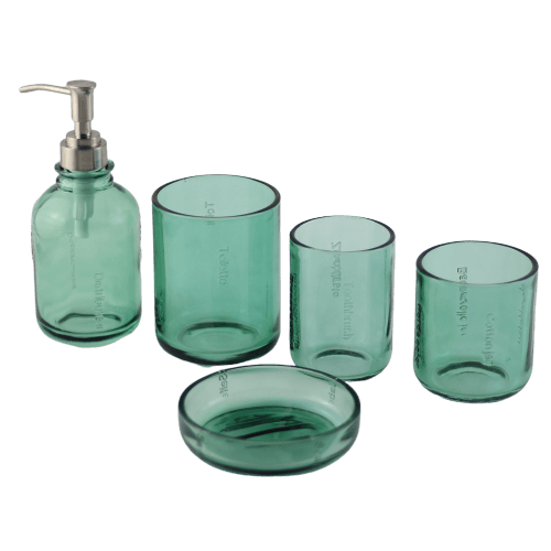 5 piece glass bath ensemble set in green