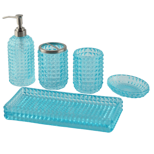 Complete blue 5 piece bathroom accessory set