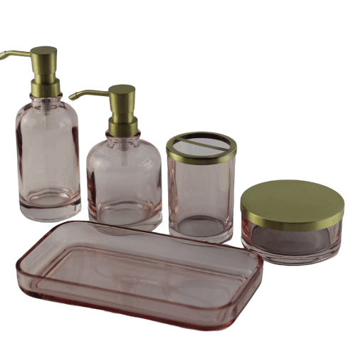 Fancy light pink bathroom décor sets made of glass