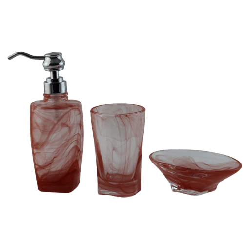 Maroon 3 piece bathroom essentials set in glass